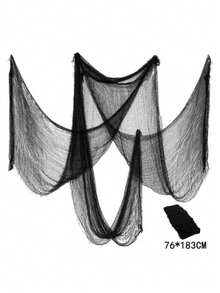 1pc Black Linen Sheer Curtain, Classic Polyester Lace Fabric, Seasonal Horror Theme Decor, Suitable For Home Party Decoration - Multicolor - View 1