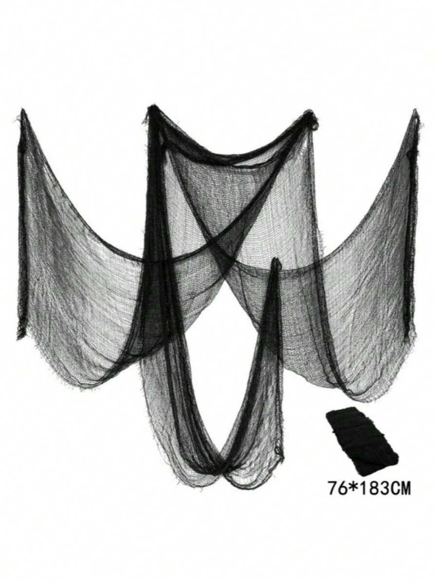 1pc Black Linen Sheer Curtain, Classic Polyester Lace Fabric, Seasonal Horror Theme Decor, Suitable For Home Party Decoration - Multicolor - View 1