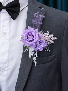 2pcs Elegant Purple Rose With Purple Hydrangea Faux Flower, Romantic Mori Style Boutonniere And Wrist Corsage, Suitable For Groom, Bride, Groomsmen, Bridesmaids, Parents, Wedding Decor, Engagement, Prom, Anniversary Valentine's Day Accessories - Multicolor - View 4