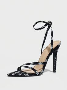 女士尖头花卉印花交叉踝带细高跟凉鞋，优雅、时尚、高端派对/宴会黑色高跟鞋