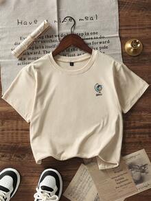 青少年男孩休闲图案印花圆领短袖 T 恤，夏季上衣 - 杏色 - 查看 4