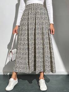 MAXI FALDA DE OLANES  Estampado Integral  floral de margarita    Bohemio  Casual - animal beis - Ver 2