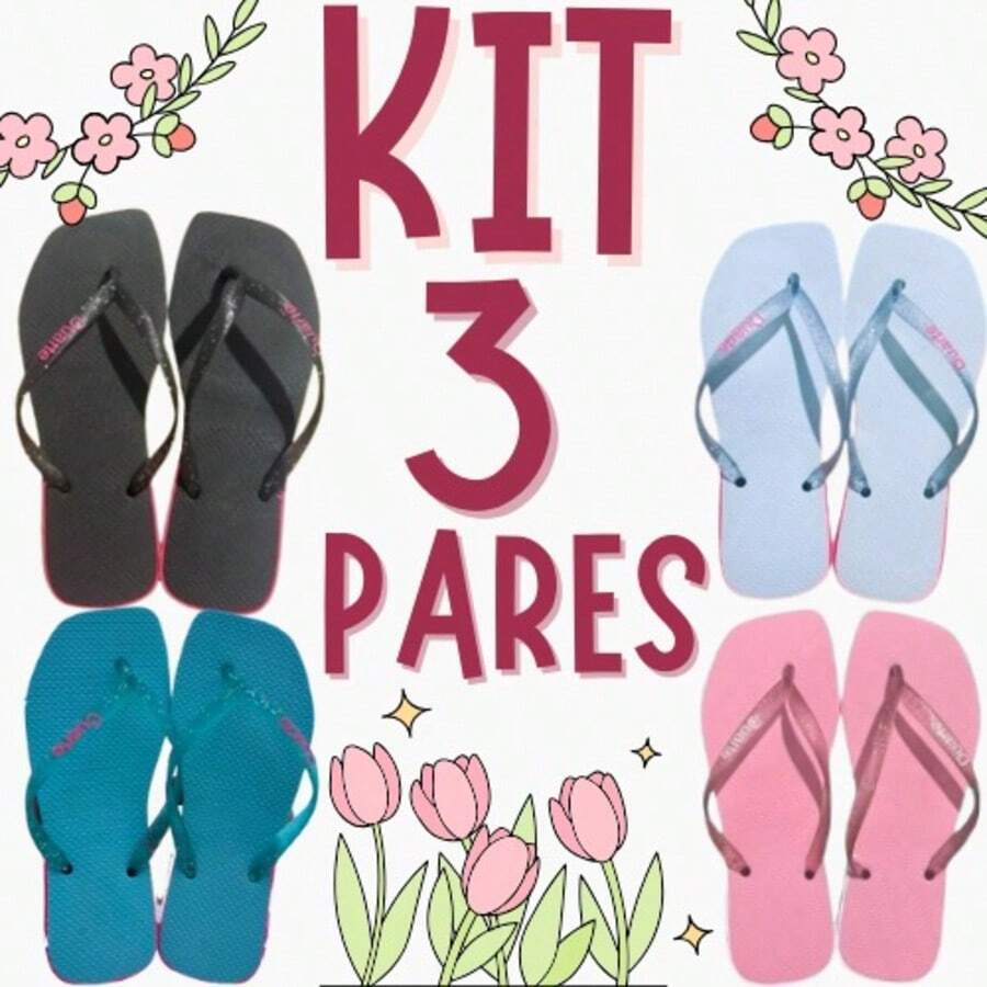 Kit 3 Pairs Of Women's Adult Square Toe Flip Flops And Sandals - Kit 3 Assorted Pairs Ref13 - View 1