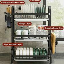1 套三层大容量厨房储物架，餐具和厨具一站式整理，整洁实用的多功能碳钢架，可存放锅碗瓢盆，保持厨房井然有序