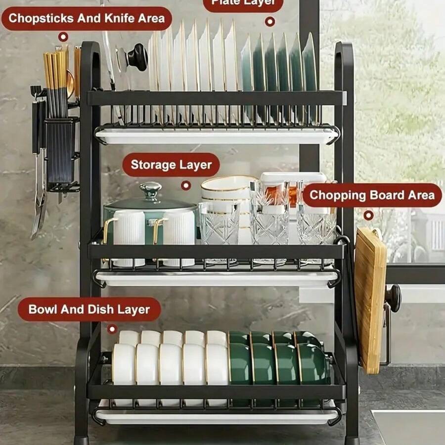 1 Set 3-Tier Large Capacity Kitchen Storage Rack, One-Stop Organization For Tableware & Kitchenware, Tidy And Practical Multi-Function Carbon Steel Rack, Stores Pots/Pans, Keeps The Kitchen Well-Organized