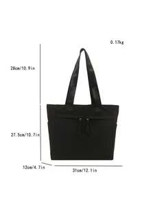 Bolsa de tela versátil y de moda de un solo color, bolso de hombro minimalista y casual con textura de color contrastante - Negro - Ver 6