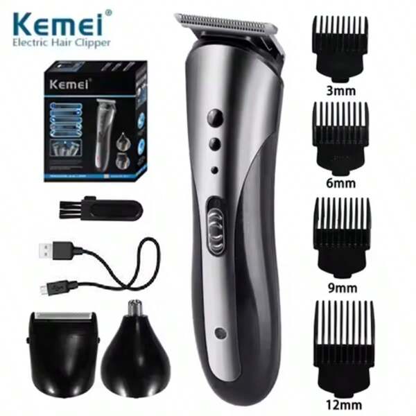 Kemei Maquinilla de afeitar eléctrica multifuncional KM-1407, cortapelos eléctrico recargable, recortador de pelo y barba, afeitadora y recortadora de vello nasal 3 en 1 con cabezal lavable