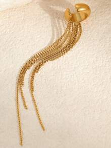 1pc Fashionable High-End Elegant Long Tassel Stainless Steel Earrings, 18K Gold Plated Unique Ear Cuffs, Suitable For All Occasions, Party, Daily Commute, Gift Of Choice - Gold - View 3