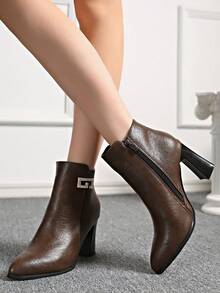 2025新款冬季女士绒面高跟踝靴，细跟，时尚保暖内衬皮鞋 - 棕色 - 查看 6