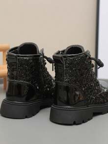 1 Pair Girls' Boots, Patent PU + Glitter Material, Comfortable Warm Lining, Front Lace-Up, Side Zipper, Round Toe, Thick Anti-Slip Sole, Casual Fashion Short Boots, Suitable For Daily, Party, School Wear In Autumn/Winter - Black - View 4