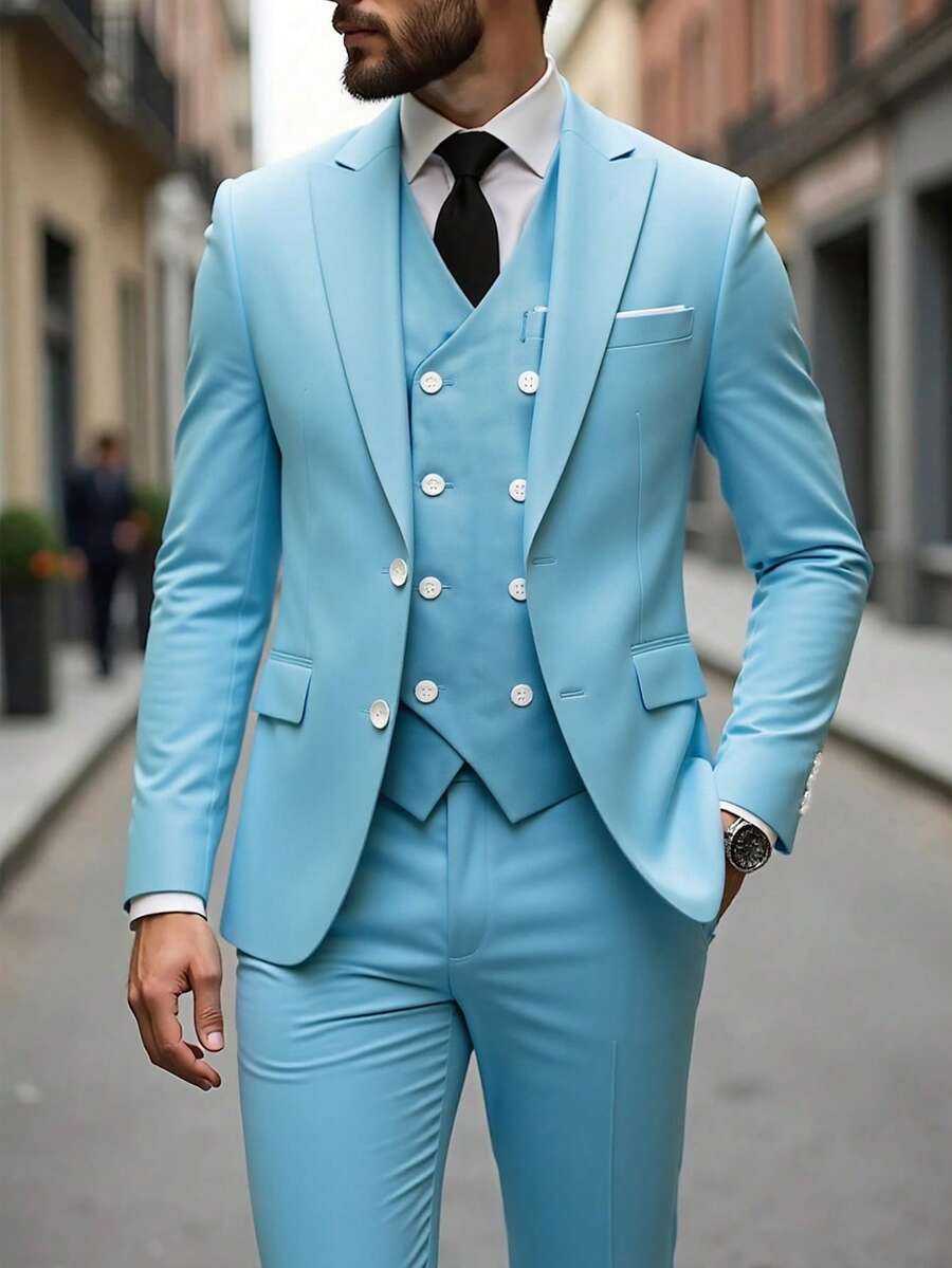 Men's 3 PiecesSuit Set, Including Jacket, Vest, And Pants - Slim Fit, Solid Color, Stretchy Material, Business/Formal Wear - Baby Blue - View 1