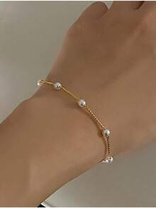 1 Pulsera de cobre con cadena y perlas, pulsera multicapa que se puede usar como tobillera, estilo femenino, pulsera de perlas multifuncional única y elegante, joyería para parejas