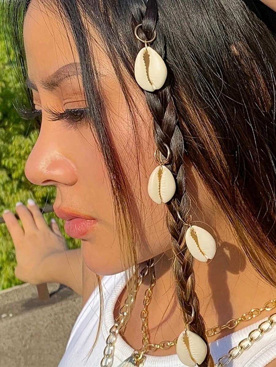 5/10pcs Beach Resort-Style Shell Braid Decorative Ring Headwear Ring For Ladies' Party Gifts (Hand-Polished Shells.The Shape And Specification Are Slightly Different, Which Is A Natural Phenomenon.)