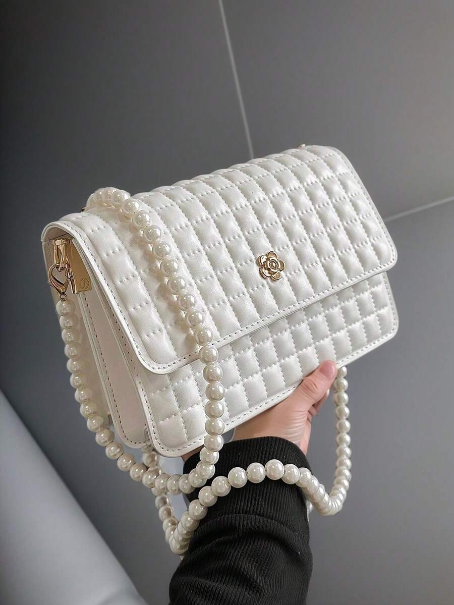 Túi xách mini đeo vai/đeo chéo vuông hai lớp bằng da PU kẻ caro phong cách tối giản dành cho nữ, dây xích ngọc trai giả. - Màu be - Xem 1