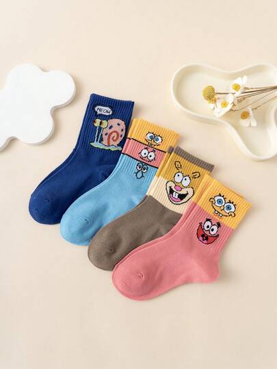 SPONGEBOB 4 双个性化卡通可爱彩色提花海绵宝宝中筒袜，运动风格，四季皆宜，欧洲/美国尺码，舒适透气耐用，色彩鲜艳，适合日常穿着，优质面料，不出汗
