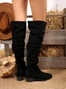 FVPFVP 复古棕色绒面革过膝女牛仔靴，2024年新款夏季复古马靴性感时尚 - 黑色 - 查看 6