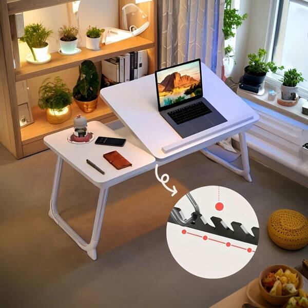 1 pieza Mesa plegable portátil blanca ajustable en 5 ángulos, mesa para laptop, mesa de sofá, mesa de bandeja para cama con portavasos, para leer, escribir, comer