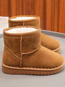 1 Pair Girls' Winter Faux Suede Patchwork Thick Sole Slip-On Warm Snow Boots, Cute Children Boots