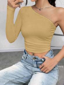 Women's Cropped Top T-Shirt Blouse With One-Shoulder Neckline Suplex Fabric Ideal For Going Out On Casual Romantic Elegant And Sophisticated Dates - 米色 - 查看 1