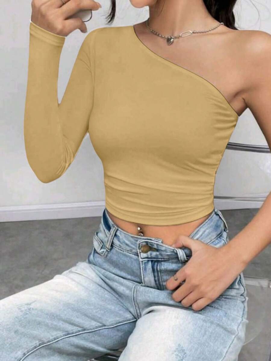 Women's Cropped Top T-Shirt Blouse With One-Shoulder Neckline Suplex Fabric Ideal For Going Out On Casual Romantic Elegant And Sophisticated Dates - 米色 - 查看 1