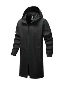 Plus Size Men's Solid Color Long Sleeve Hooded Long Jacket, Suitable For Autumn - Black - View 1