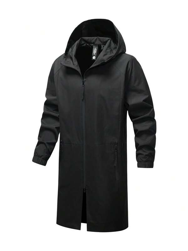 Plus Size Men's Solid Color Long Sleeve Hooded Long Jacket, Suitable For Autumn
