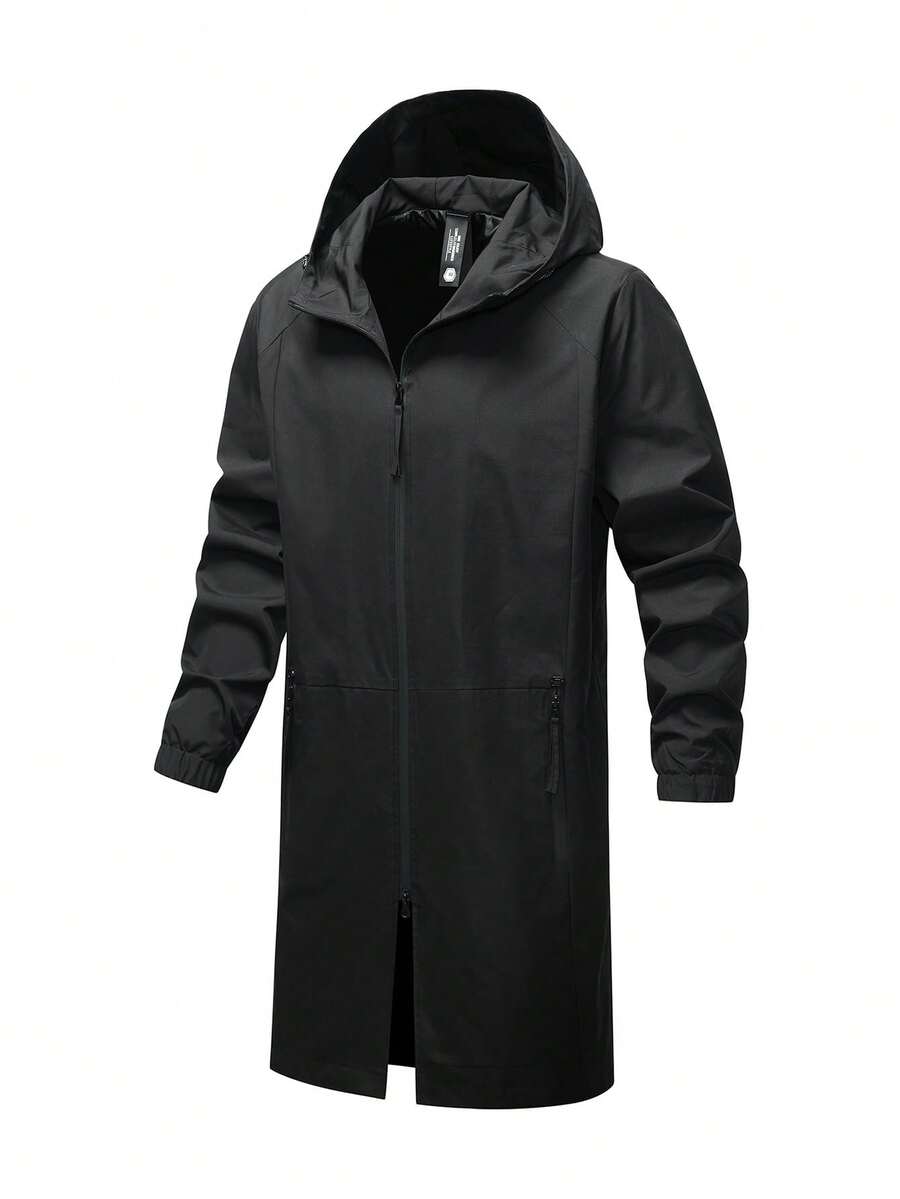 Plus Size Men's Solid Color Long Sleeve Hooded Long Jacket, Suitable For Autumn - Black - View 1