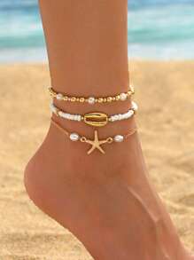 3pcs/Set Summer Beach Style Alloy Starfish Shell Stacking Bead Glass Material Women's Ankle Chain Set