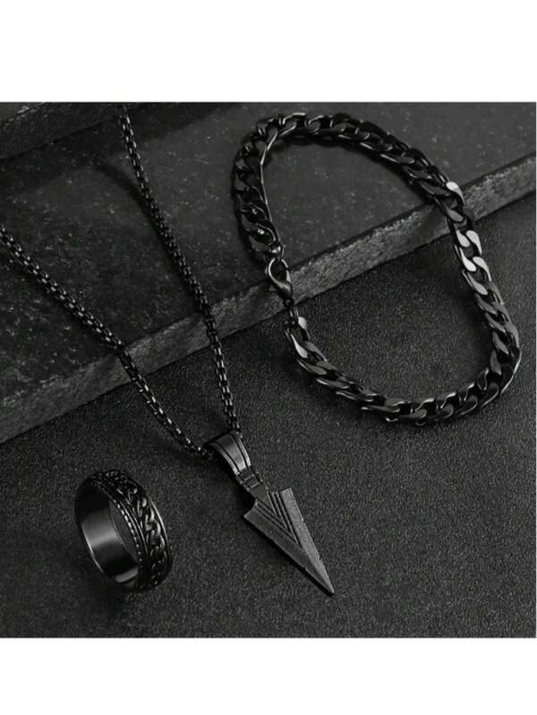 3pcs/ Set Of Simple Design Black Arrow Pendant Men's Fashion Jewelry Set: A Set Of Necklace, Bracelet And Ring, Perfectly Matching Your Style