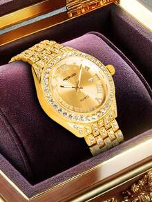 1 件男士新款时尚高端奢华闪亮罗马日历嘻哈金色全钻石英手表 - A - 查看 4