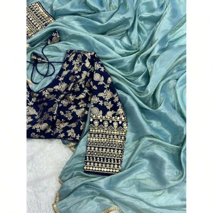 Teal Blue Crush Tissue Saree With Readymade Blouse - Teal Blue - View 1