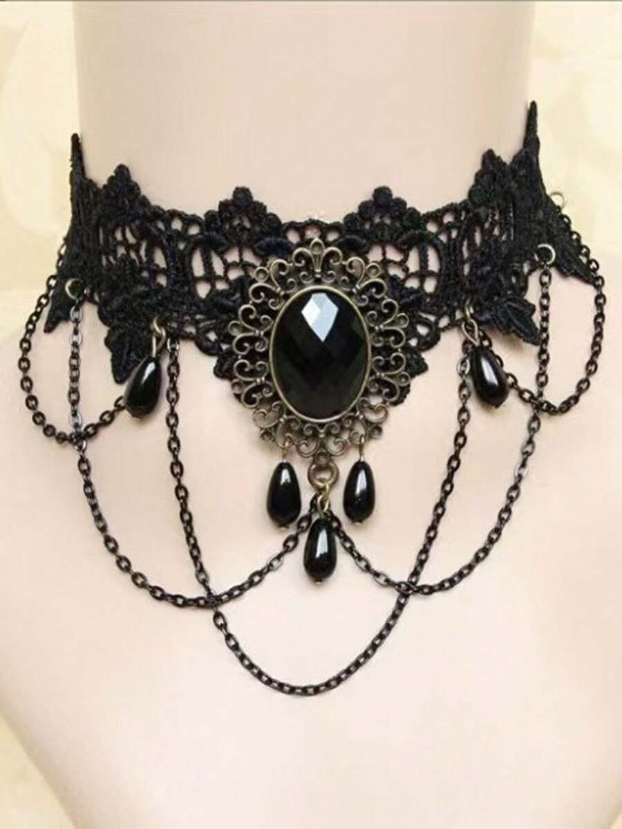 Dây chuyền ren xương đòn polyester sáng bóng, Phụ kiện vòng cổ choker tối màu Gothic, Phong cách Hot Girl - màu đen - Xem 1