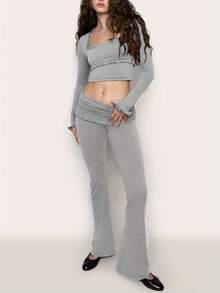 Women's Yoga Flare Pants, Solid Color Ruffled Low Waist Fitness Bootcut Leggings Workout Skinny Trousers - Xám - Xem 5