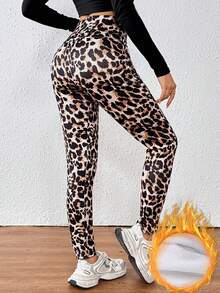 超厚仿羊羔绒豹纹打底裤，女式冬季高腰保暖内衬口袋裤 - 彩色 - 查看 2