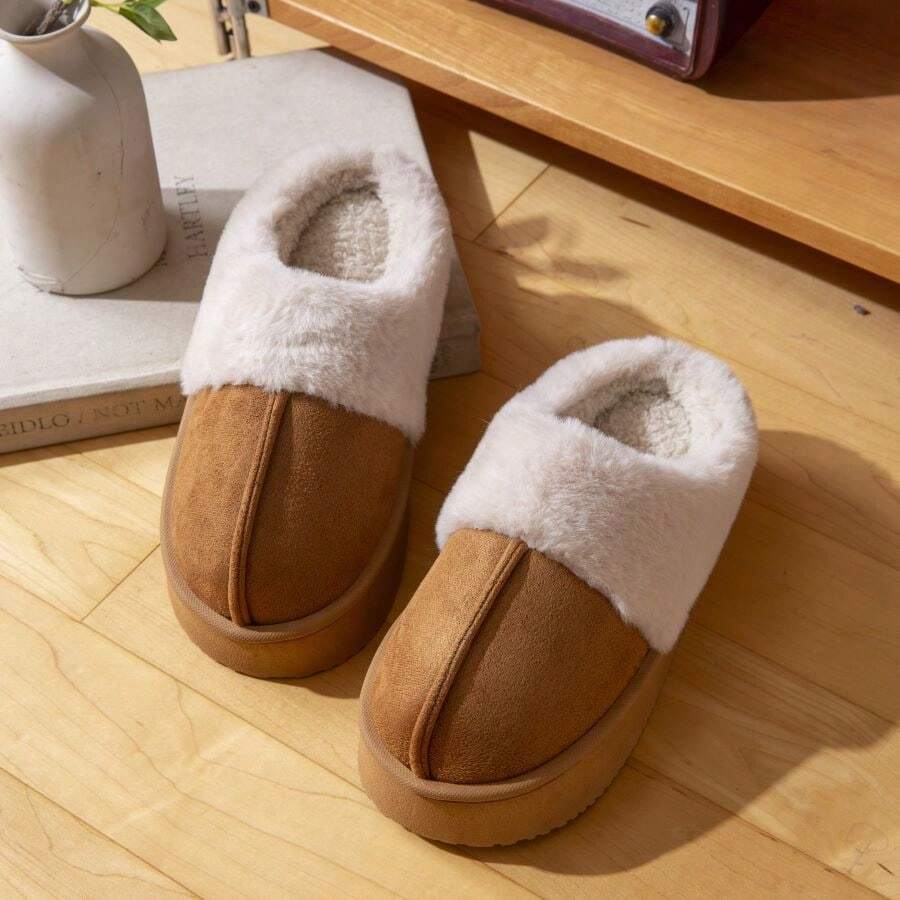 Zapatillas de casa de forro polar para mujer, ideales para interiores en otoño e invierno, con suela gruesa de EVA antideslizante. La versión de invierno cuenta con un forro de pelo, cálido y cómodo para exteriores. - Café integral - Ver 1