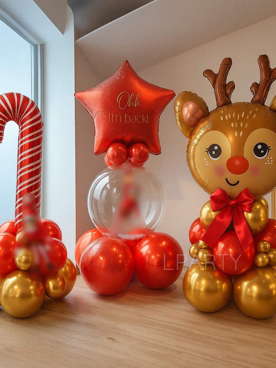 10 piezas/19 piezas/15 piezas Globos decorativos para fiesta de Navidad, renos gigantes, bastones de caramelo globos de papel de aluminio, globos rojos con forma de estrella de 18", globos transparentes de 24" (para envolver regalos), globos de látex rojos y dorados metálicos de 10", globos de látex rojos y dorados metálicos de 5", adecuados para Año Nuevo, Nochevieja, decoración de habitación 2026, arreglo interior - Multicolor - Ver 1
