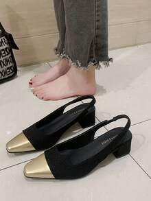 Elegantes tacones altos de punta cuadrada, sandalias de empeine francés para mujer, zapatos de vestir con tacón grueso nueva temporada de primavera - Negro - Ver 9