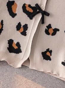 女童欧美豹纹蝴蝶结短款开衫针织衫，适合日常、派对、春秋冬