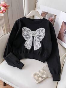 Girls' Elegant Beaded Bow Short Knit Pullover Sweater, Suitable For Casual Daily Wear, Spring, Autumn, Winter - Black - View 2