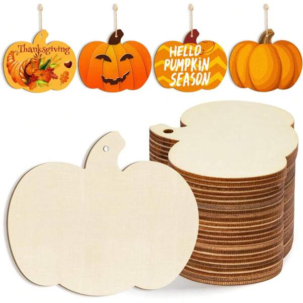24 piezas de decoraciones de calabaza de madera, utilizadas para dibujar recortes decorativos de papel para Halloween y Acción de Gracias. Productos terminados sin terminar, con dimensiones de 3.5 x 3 pulgadas. Adecuado para decoraciones de plato redondo de calabaza de madera sin procesar para manualidades familiares de cosecha, para colgar decoraciones de otoño.
