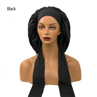 1pc Satin Queen Nightcap For Girls, Long Hair Nightcap With Tie, Black