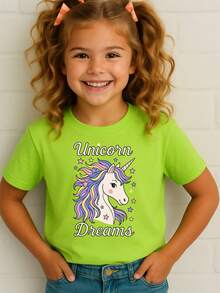 T-Shirt Blouse T-Shirt Unicorn Dreams Children's Girls 100% Cotton Drawings, School, Walk And Everyday Life - 青檸色 - 查看 2