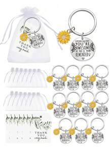 1pc/6pcs/12pcs/18pcs Inspirational Sunflower Keychain Gifts,Inspirational Sunflower You're Awesome Key Chain Gift Set,With Stainless Steel Key Chain,Green Leaf Thank You Card, White Organza Gift Bag,Sunflower Keyrings,Teacher Keyring