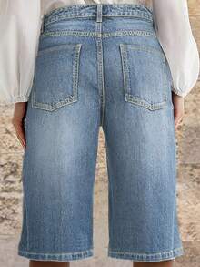 Women's Casual Straight Loose Low Waist Denim Bermuda Shorts, Commuting Style, Summer - 淺色水洗藍 - 查看 2