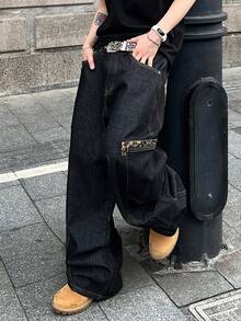 1 chiếc quần jeans ống rộng dáng suông thời trang họa tiết da báo dành cho nam, phong cách đường phố (không bao gồm thắt lưng và phụ kiện) - màu đen - Xem 1