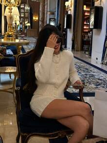 Senya 女士秋冬两件套，圆领条纹腋下设计前扣长袖针织开衫和半身裙，休闲时尚优雅纯色套装，情人节女士毛衣，新年装扮 - 杏色 - 查看 5