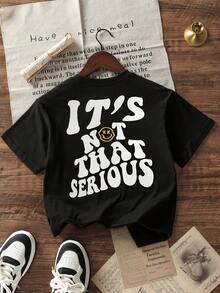 青少年男孩休闲图案印花圆领短袖 T 恤，夏季上衣 - 黑色 - 查看 3