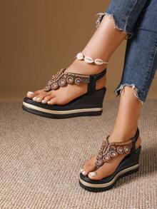 女式夏季罗马风格波西米亚复古简约休闲一脚蹬坡跟人字凉鞋，户外