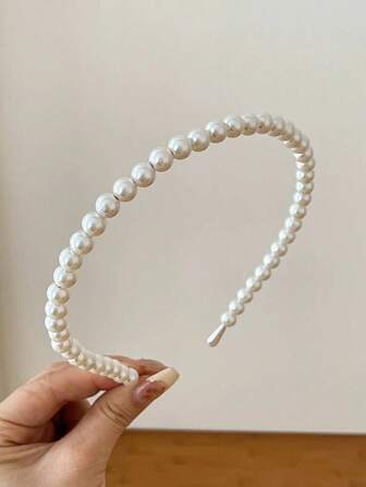1件仿珍珠女神白色发饰，复古别致珍珠发箍，2025新款女士发箍，森系优雅发圈，纯色复古，适合生日、日常佩戴、刘海造型、女士礼物、秋季时尚、女士发箍