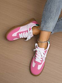 Women's Round Toe Lace-Up Classic Pink Chunky Sole Casual Sneakers, 2025 New Arrivals Campus Style Sporty Cute Pink Trainers, Fashionable & Versatile Anti-Slip Student Skate Shoes For Gym, Outdoor
